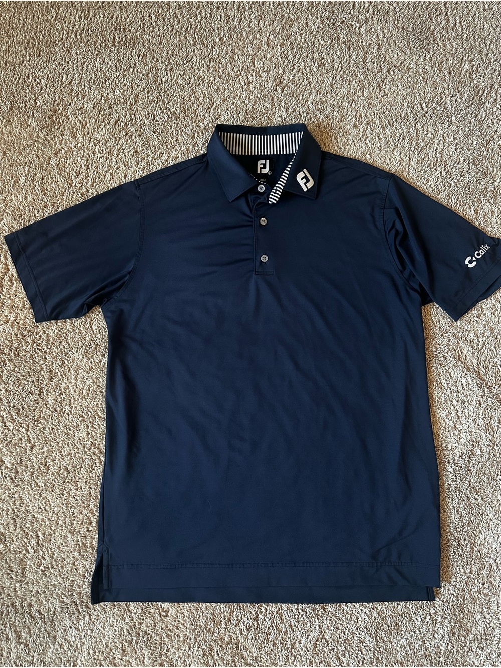 FootJoy Mens L Golf Polo Shirt Navy Blue Striped Collar Performance Calix Logo